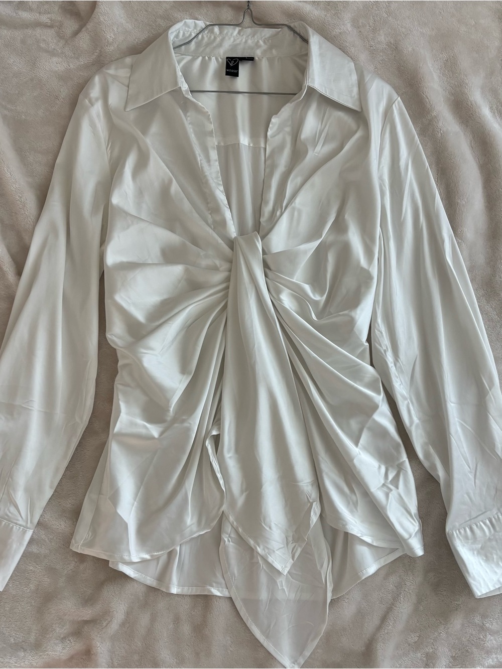 Windsor White Twist-Detail Satin Button-Down Blouse